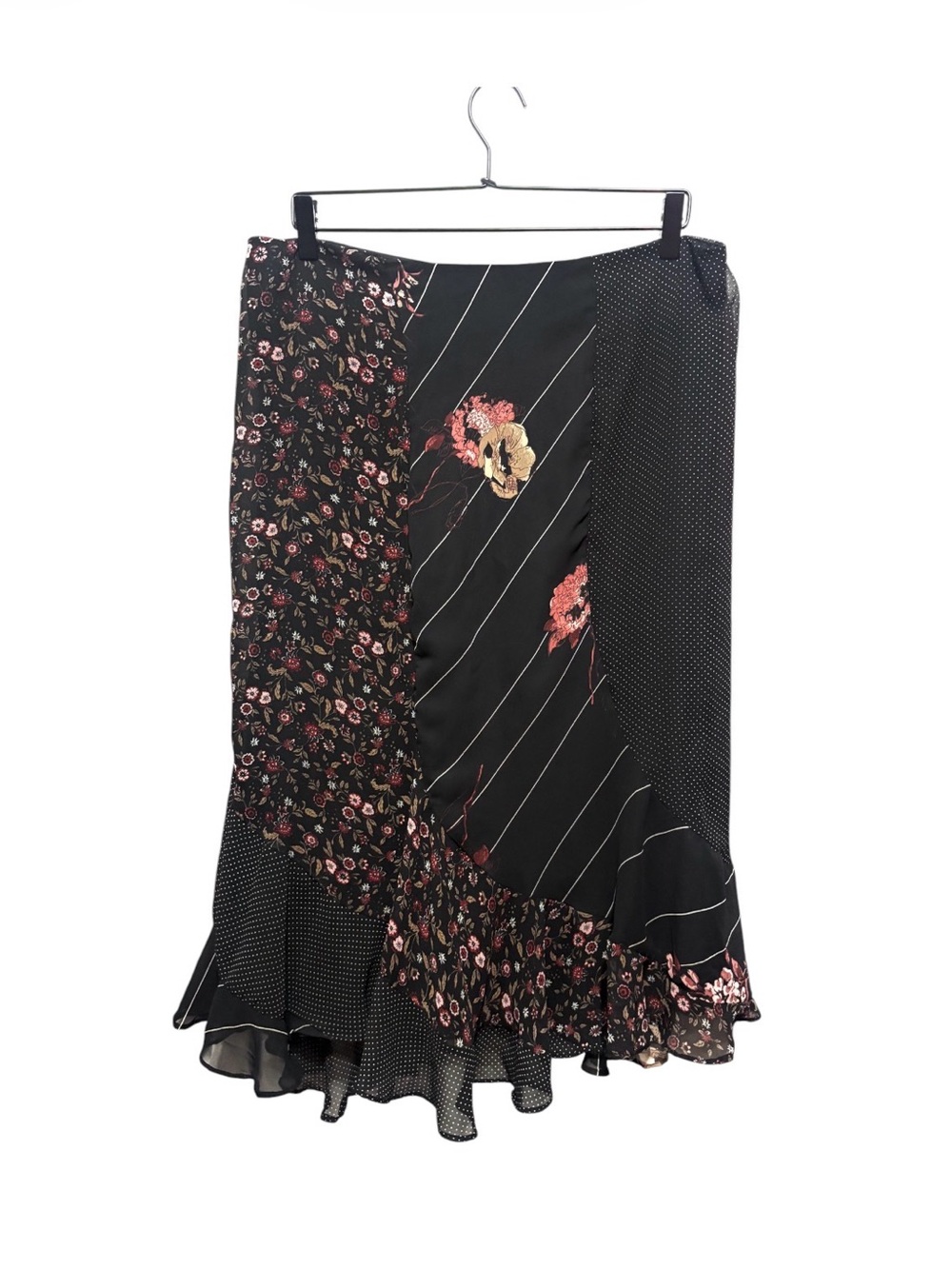Vintage Floral Patchwork Ruffle Midi Skirt - Black